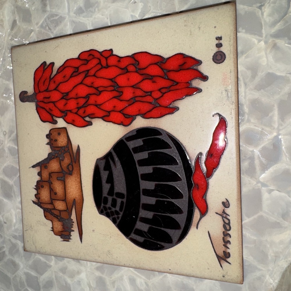 Vtg Cleo Teissedre Hand Painted Southwestern Tile Trivet Chili Peppers 6 X 6